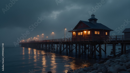 Wallpaper Mural Small fishing pier at sunset. Lanterns illuminating calm bay. Scenic waterfront views for fishing. Peaceful escape in nature's beauty. Torontodigital.ca