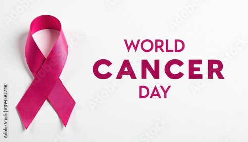 A clean and minimalist World Cancer Day banner with a bright white background and a bold pink cancer ribbon. photo