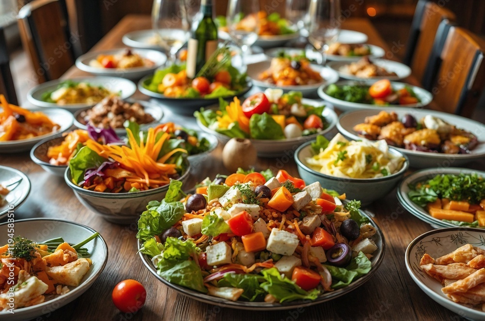 The laid table features a generous selection of vegetarian dishes. The laid table features a generous selection of vegetarian dishes.