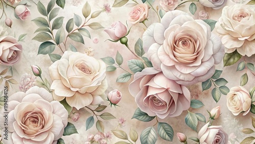 Intricate floral wallpaper featuring a rose pattern in soft pastel shades, with delicate petals and subtle shading for a romantic ambiance, elegant, decoration