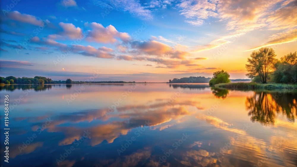 Obraz premium Calm water surface with gentle ripples and reflected sky, showcasing the beauty of a peaceful lake at dawn, natural scenery, calm atmosphere