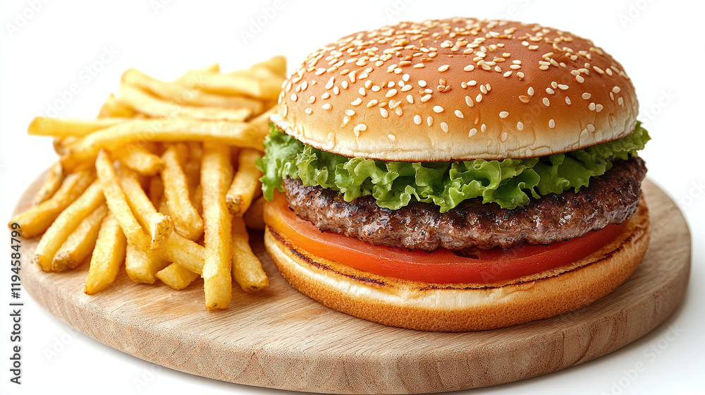 Juicy burger and fries on a wooden board Juicy burger and fries on a wooden board