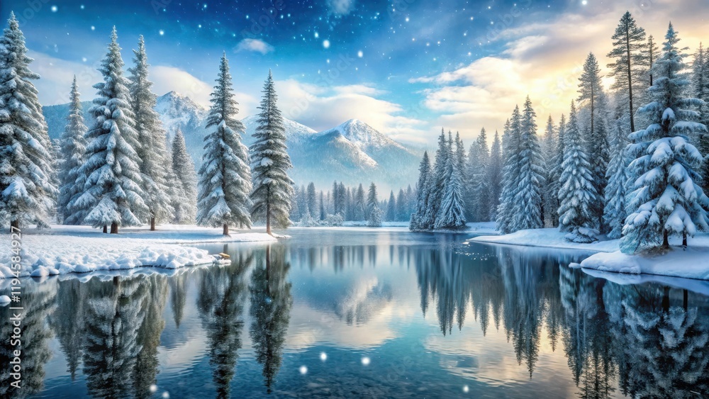 Fototapeta premium Snow covered fir trees in a serene winter landscape with frozen lake and mountains in the background, snowflakes gently falling on the forest floor , winter landscape, frozen lake