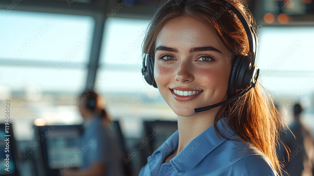 Portrait of a young female dispatcher in headphones in an airport control tower Portrait of a young female dispatcher in headphones in an airport control tower