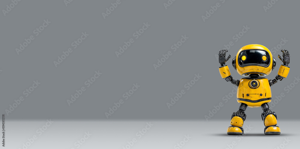 cute robot assistant stands with raised hands on a gray background. yellow android robot standing cute robot assistant stands with raised hands on a gray background. yellow android robot standing