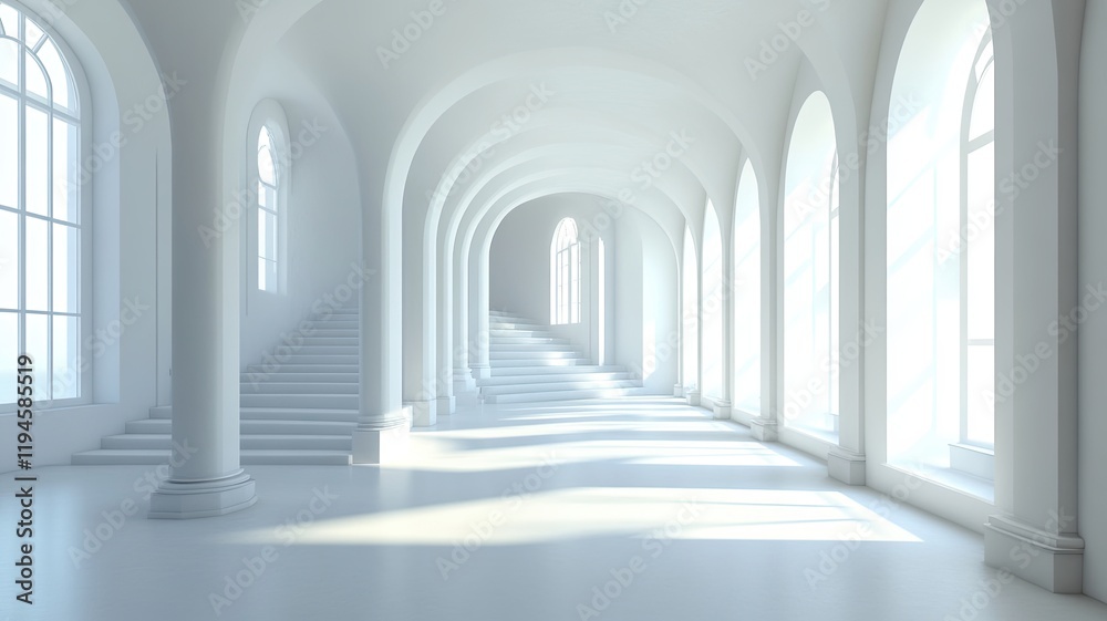 White hallway, arched windows, stairs, sunlight White hallway, arched windows, stairs, sunlight