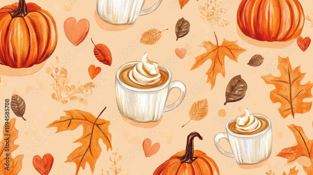 Autumnal pumpkin latte pattern, hearts, leaves Autumnal pumpkin latte pattern, hearts, leaves