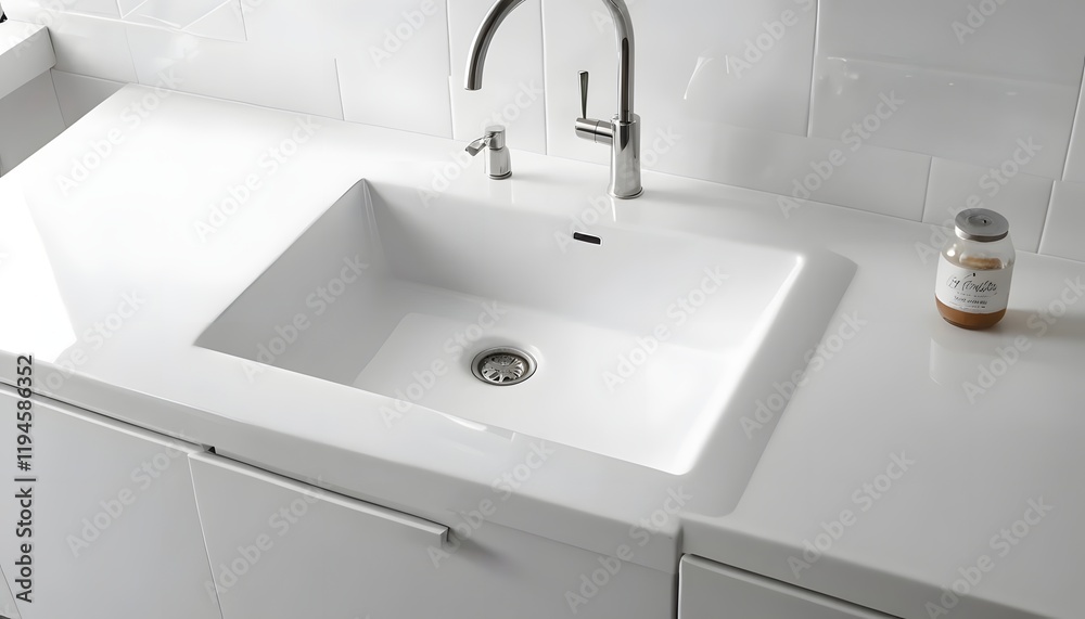 Modern White Kitchen Sink with Sleek Faucet and Countertop Modern White Kitchen Sink with Sleek Faucet and Countertop