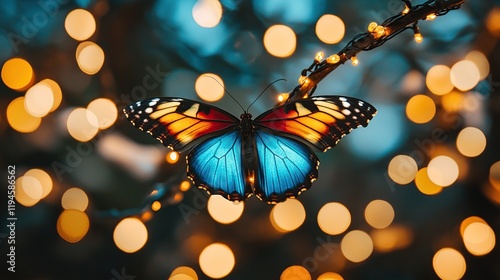 Blue butterfly on branch with bokeh lights.