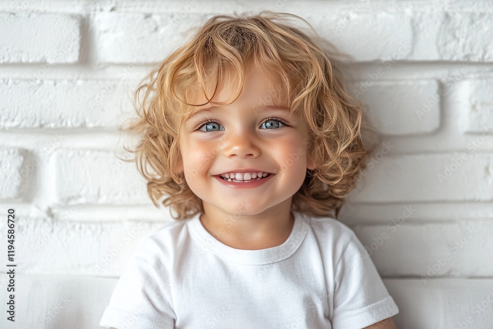 Happy toddler boy with blonde curly hair smiling against white brick wall. Happy toddler boy with blonde curly hair smiling against white brick wall.