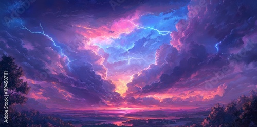 Fototapeta Naklejka Na Ścianę i Meble -  Electric Sunset: A breathtaking panorama of a vibrant sunset sky filled with dramatic lightning strikes and colorful clouds over a tranquil landscape.
