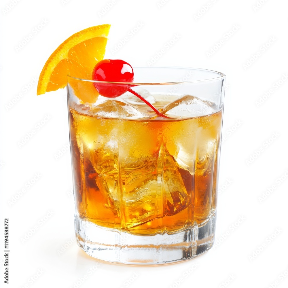 A classic old fashioned with an amber hue, garnished with an orange twist and a maraschino cherry, against an isolated white background A classic old fashioned with an amber hue, garnished with an orange twist and a maraschino cherry, against an isolated white background