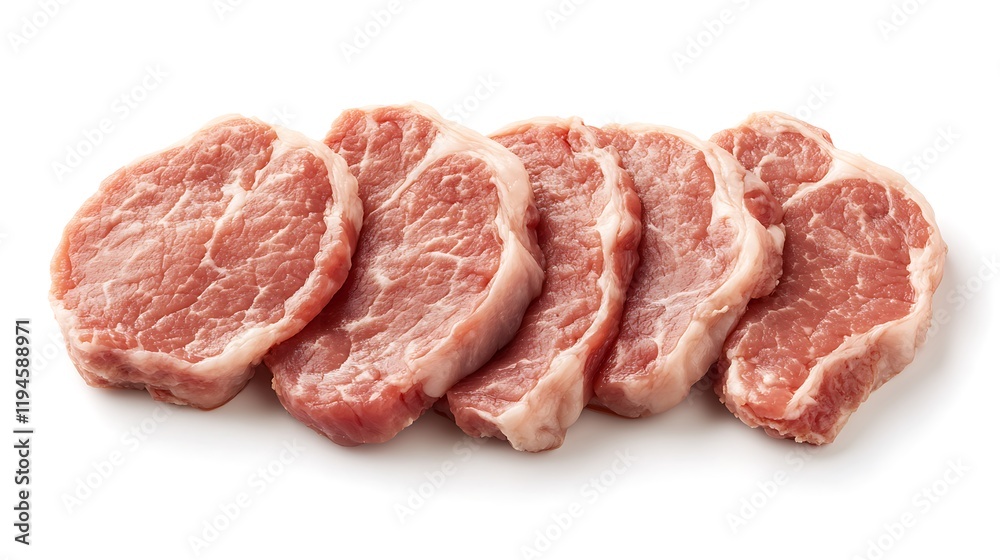 Top-down shot of raw ground pork cutlet, on a white background, showing edges and texture clearly, photorealistic quality Top-down shot of raw ground pork cutlet, on a white background, showing edges and texture clearly, photorealistic quality