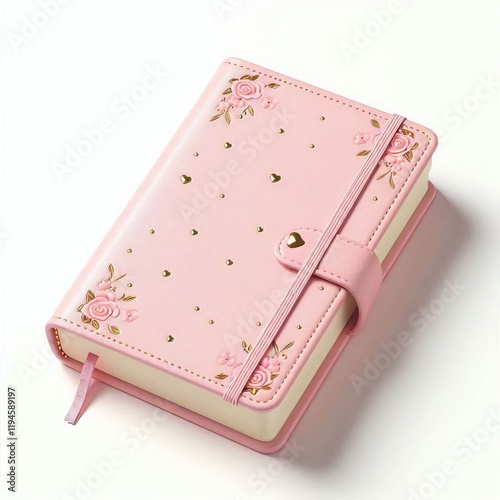 A pink leather diary book  with isolated on white background photo