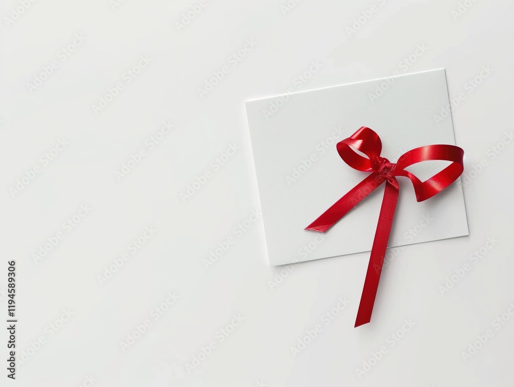 Close-up of a blank white gift card adorned with a red ribbon bow, isolated on a white background, perfect for Valentine's Day and birthday party postcards. Close-up of a blank white gift card adorned with a red ribbon bow, isolated on a white background, perfect for Valentine's Day and birthday party postcards.