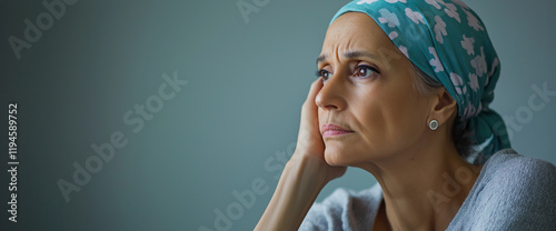 Lifestyle portrait of mature woman wearing head scarf who is ill and worried