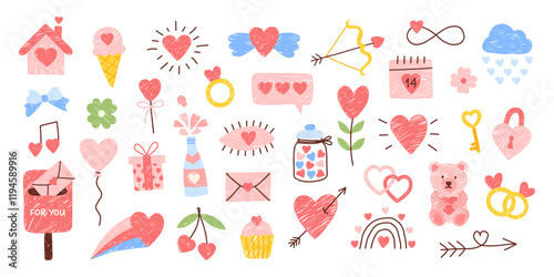 Cute valentines day childish crayon doodle set with hearts. Love romantic chalk sketch. Naive pencil drawing icon. Children hand drawn vector kids illustration