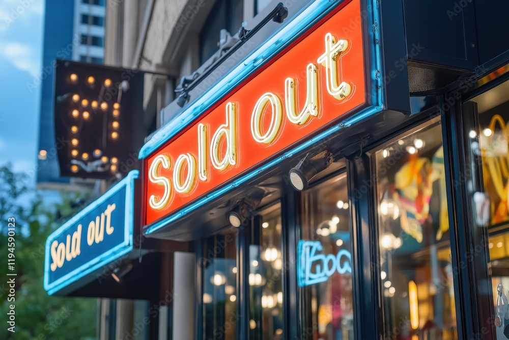 Brightly lit neon Sold Out sign outside a trendy retail store in an urban area during twilight Brightly lit neon Sold Out sign outside a trendy retail store in an urban area during twilight