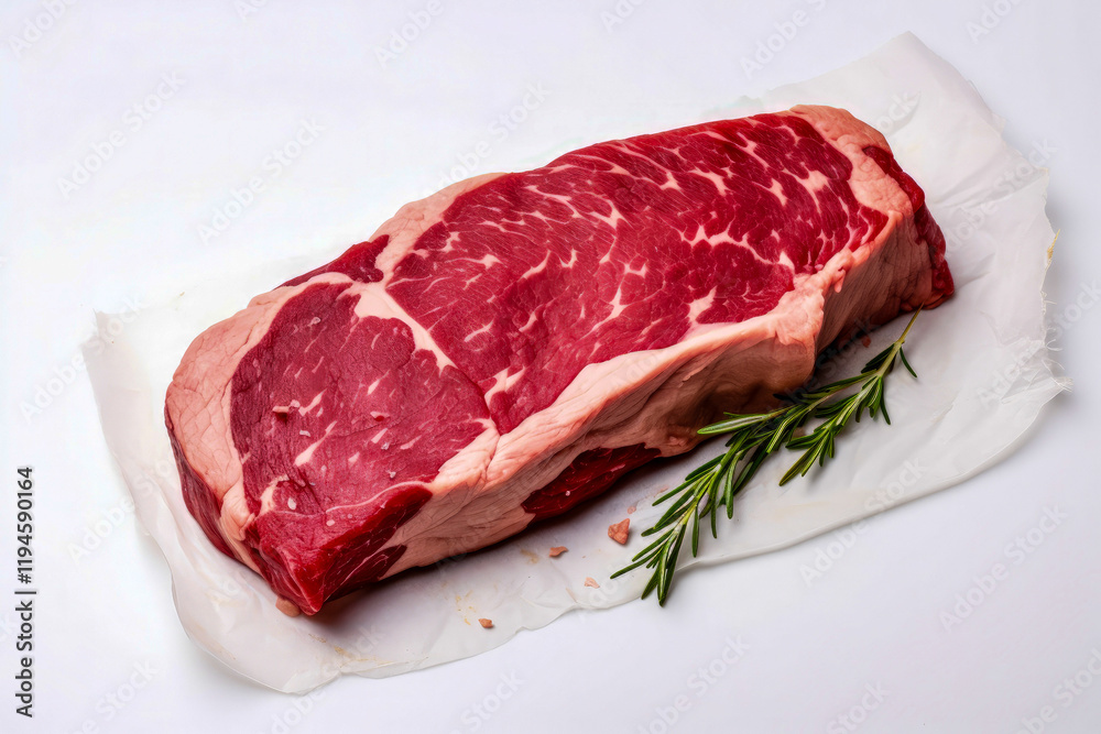 Fototapeta premium A large piece of fresh juicy red meat with streaks of fat is dec