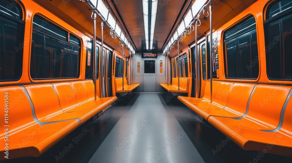 Fototapeta premium Empty Orange Subway Car Interior: A Modern Transportation Perspective