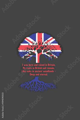 British roots and symbolism: a tree with the British flag, embodying national pride and love for nature