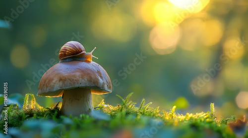 Snail sitting atop a mushroom in a tranquil autumn forest setting, capturing nature's peaceful moments. Generative AI photo