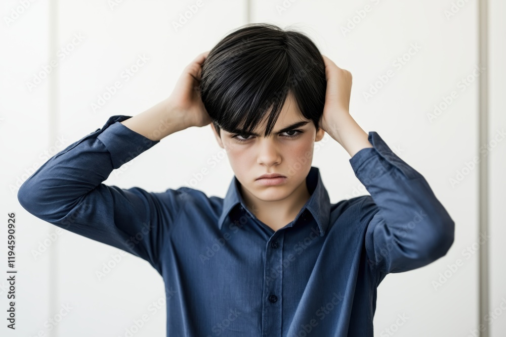 Portrait of a confident tomboy expressing emotions with a strong demeanor on a white backdrop Portrait of a confident tomboy expressing emotions with a strong demeanor on a white backdrop