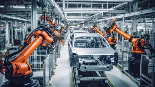 Automated car assembly at a factory. Robots assemble the car on