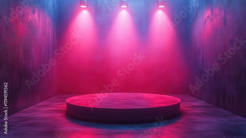 Dramatic Neon Lighting in an Empty Stage Space with Circular Platform and Atmospheric Background for Performances, Events, or Presentations