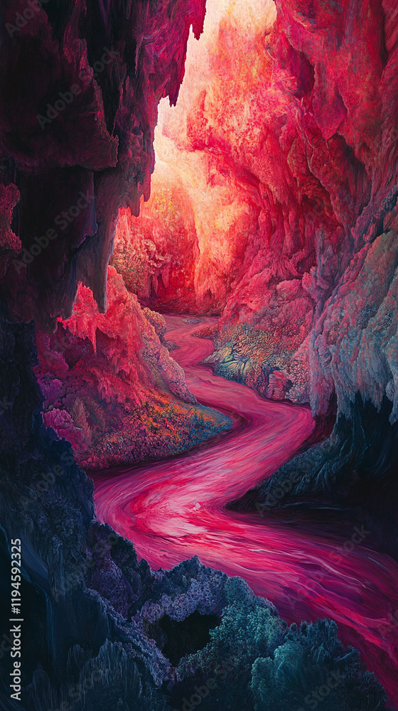 A hidden canyon with a river winding through vibrant red rock formations. A hidden canyon with a river winding through vibrant red rock formations.