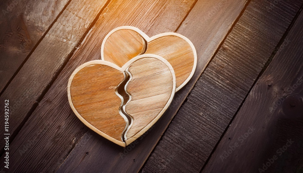 Wooden heart halves symbolizing a search for connection and unity in relationships Wooden heart halves symbolizing a search for connection and unity in relationships