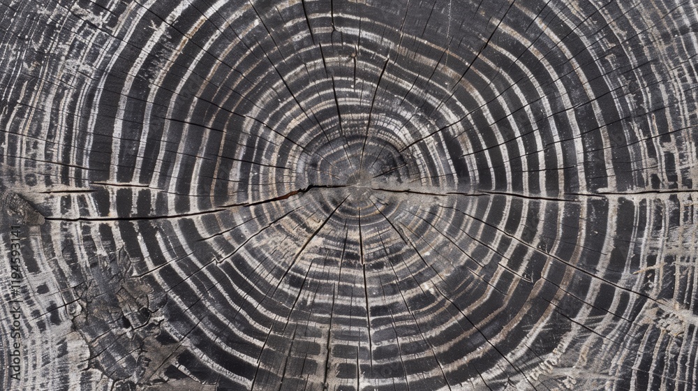 Fototapeta premium Exquisite Warm Gray Cut Wood Texture: A Detailed Glimpse into the Black - and - White Realm of a Felled Tree Trunk or Stump, with Close - up of Rough Organic Tree Rings and End Grain