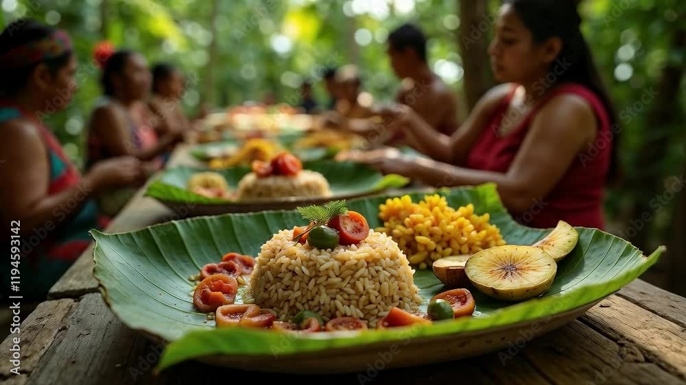 Comida tradicional servida en hoja de plátano en un ambiente comunitario