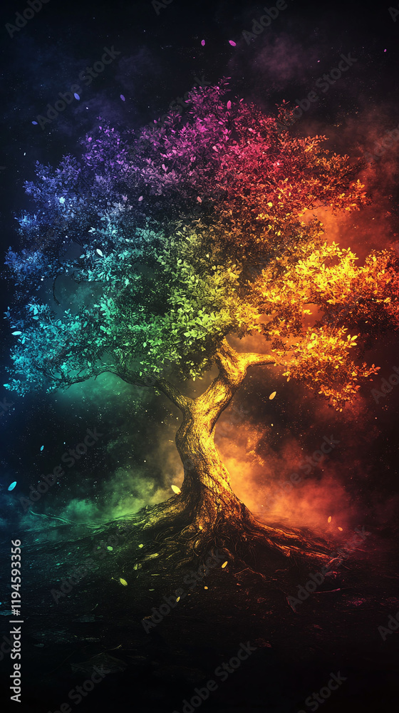 A magical tree with glowing branches surrounded by colorful mist ethereal and balanced design for vertical and horizontal screens A magical tree with glowing branches surrounded by colorful mist ethereal and balanced design for vertical and horizontal screens