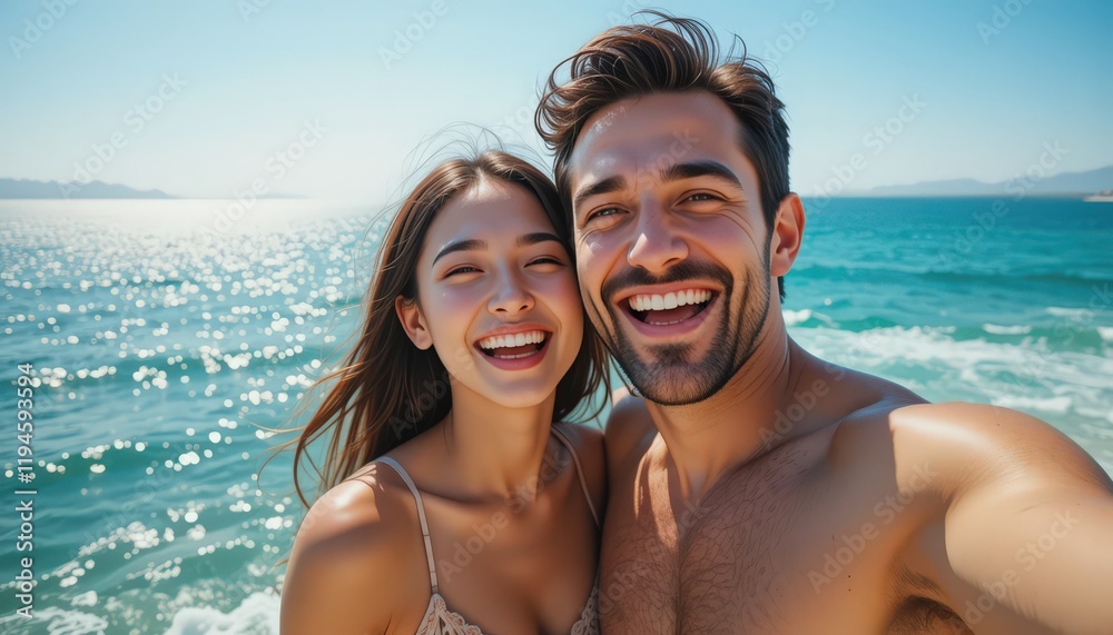 Happy couple enjoying a sunny day by the ocean with bright water and clear skies Happy couple enjoying a sunny day by the ocean with bright water and clear skies