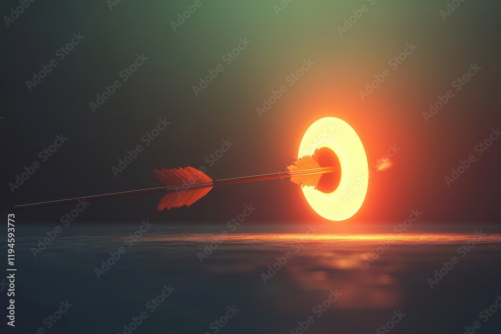 Dynamic Arrow Piercing Through Glowing Ring in Dark Atmosphere, Symbolizing Focus, Precision, and Determination in a Modern Visual Style Dynamic Arrow Piercing Through Glowing Ring in Dark Atmosphere, Symbolizing Focus, Precision, and Determination in a Modern Visual Style