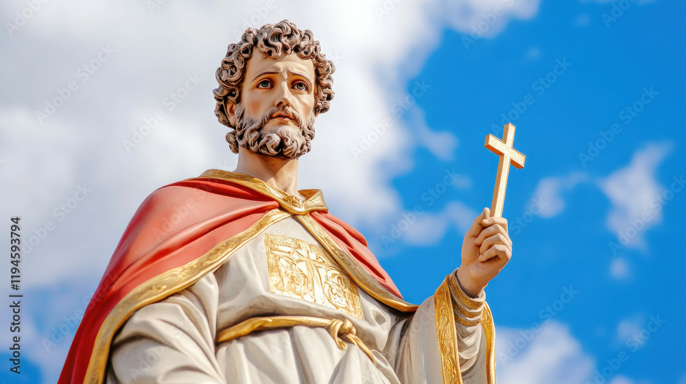 Obraz premium Statue of religious figure holding cross, wearing red cape against blue sky. intricate details and expression convey sense of reverence and spirituality