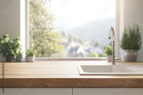 Wooden table window interior kitchen. photo