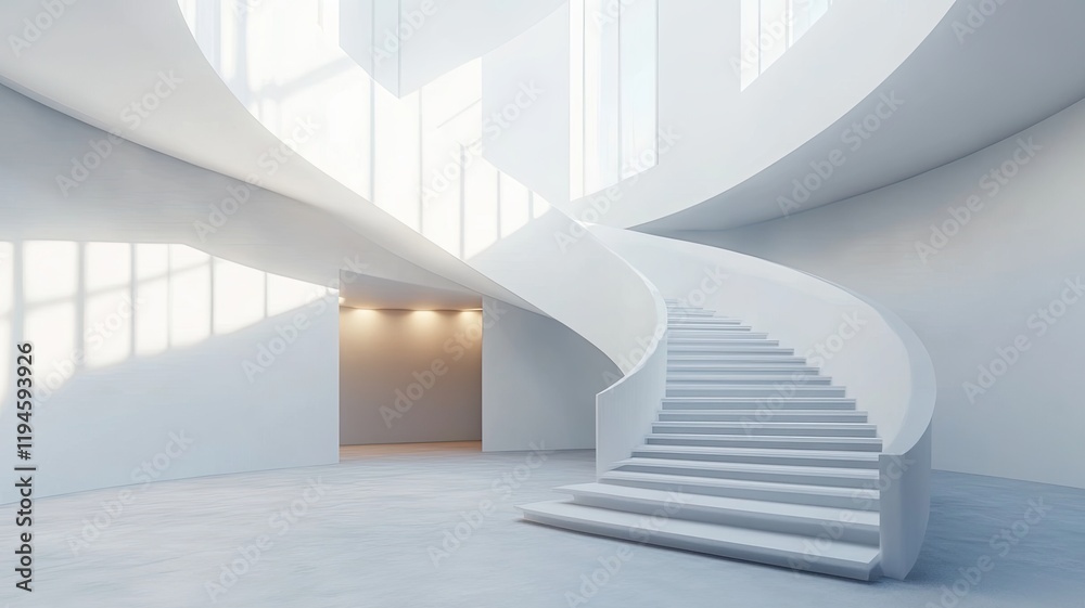 Fototapeta premium Modern white spiral staircase, sunlit atrium