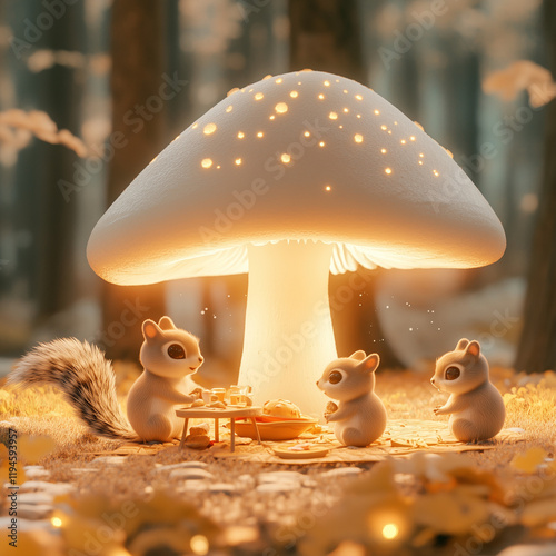 Enchanting glowing mushroom surrounded by squirrels in a whimsical forest, radiating magical woodland vibes photo