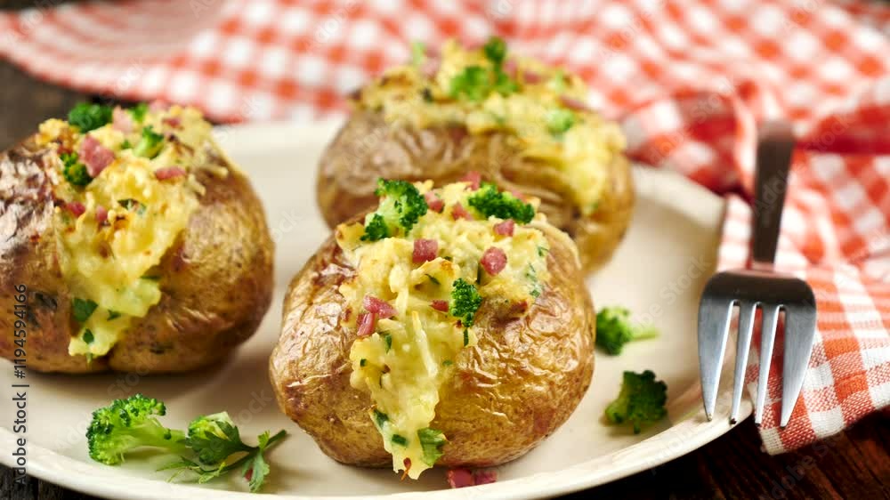 Baked Potatoes Stuffed with Cream, Cheese, and Bacon Baked Potatoes Stuffed with Cream, Cheese, and Bacon