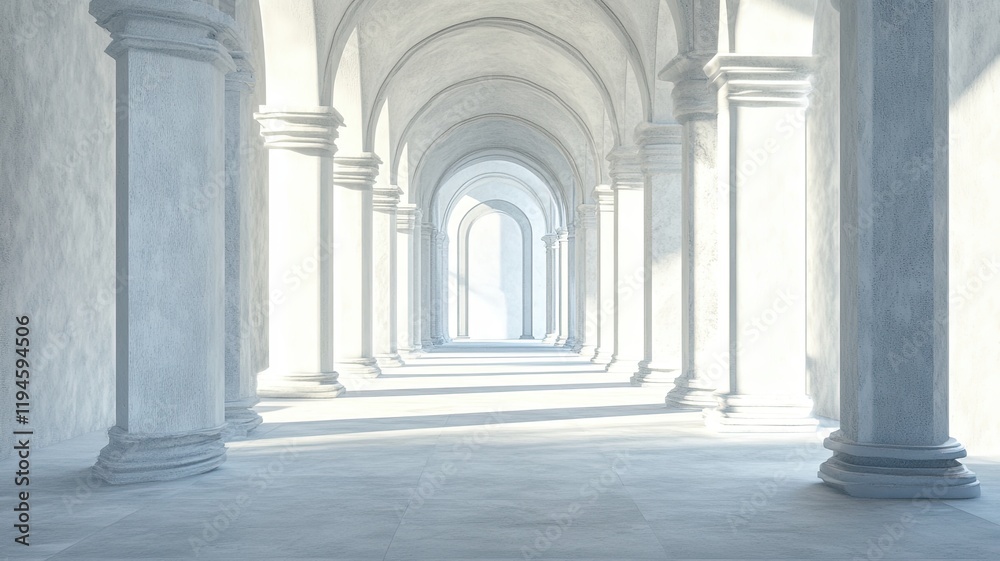 Sunlit classical colonnade hallway, architectural render Sunlit classical colonnade hallway, architectural render