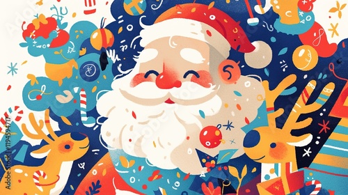 Jolly Santa Claus with reindeer amidst festive elements.