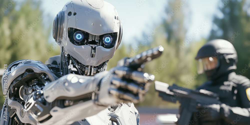 Fototapeta premium futuristic robot with glowing blue eyes points forward, accompanied by armed officer