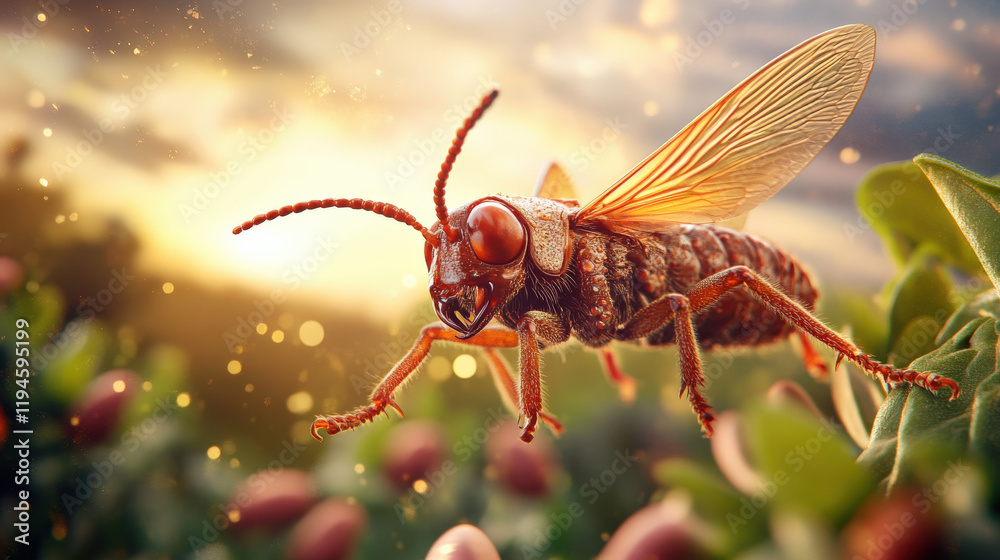 Fototapeta premium detailed close up of vibrant insect with large eyes, showcasing its intricate wings and body against blurred natural background. scene captures beauty of nature