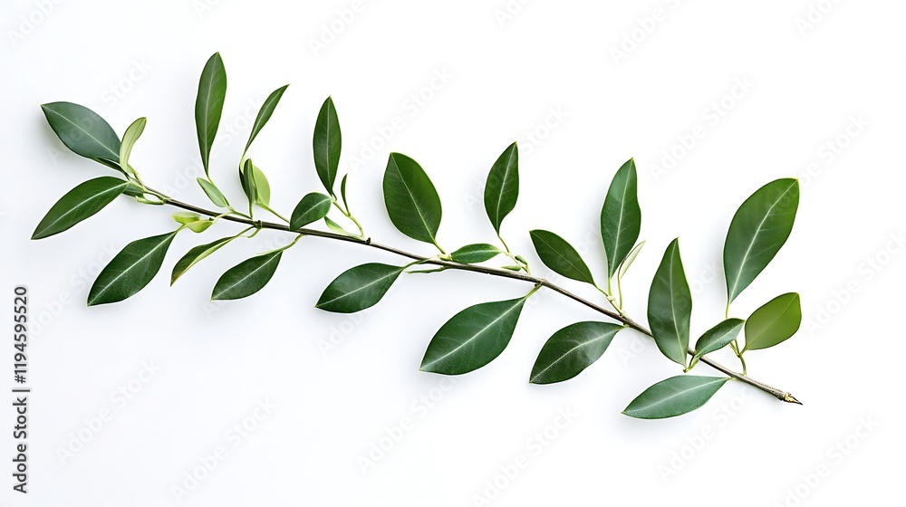 Obraz premium Elegant Green Branch with Lush Leaves on White Background