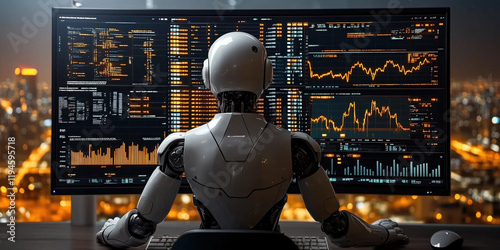 humanoid robot analyzing data on multiple computer screens in futuristic office