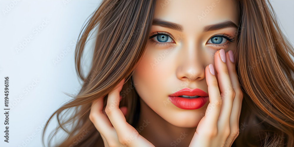 Fototapeta premium Sensual attractive beautiful young asian woman with clean fresh skin on white background, Face care makeup cosmetic facial treatment, cosmetology, wellbeing beauty and spa, Asian women beauty portrait