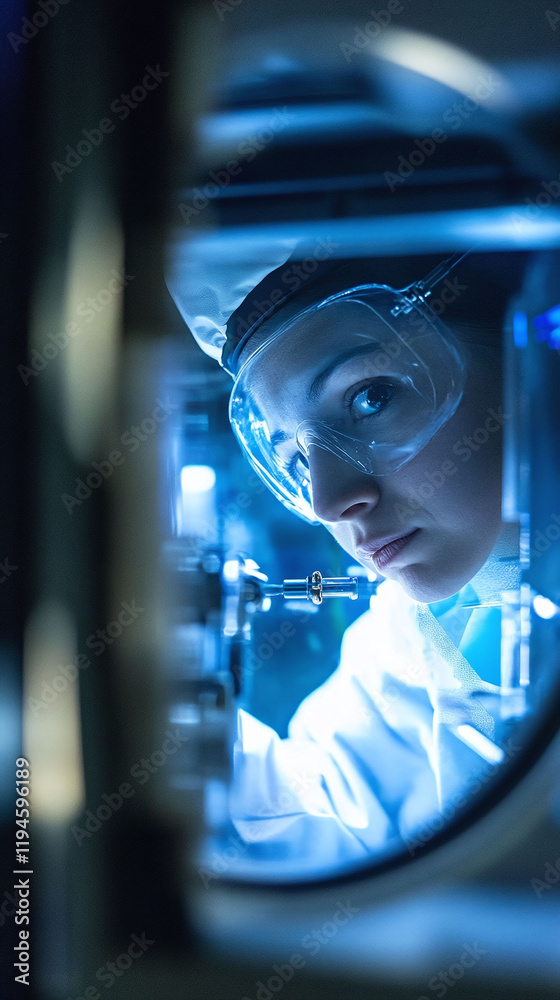A scientist curiously observing the behavior of particles in a vacuum chamber. A scientist curiously observing the behavior of particles in a vacuum chamber.