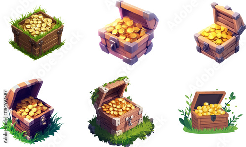 3D vector icon of an open wooden chest filled with gold coins. against a white background